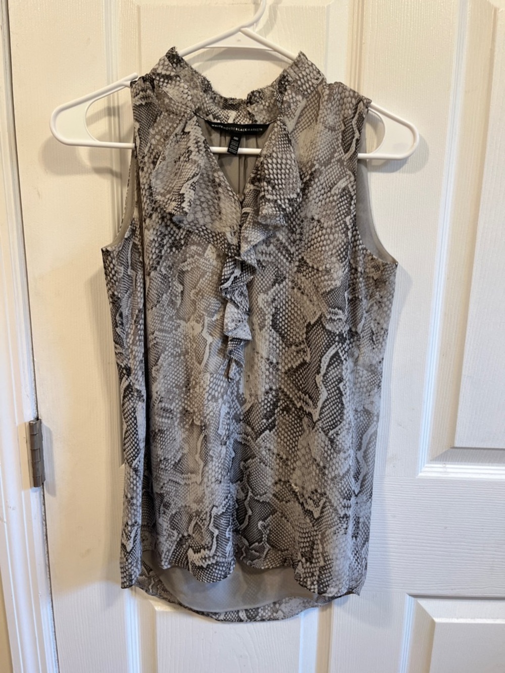 White House Black Market Gray Snake Print Ruffle Sleeveless Top